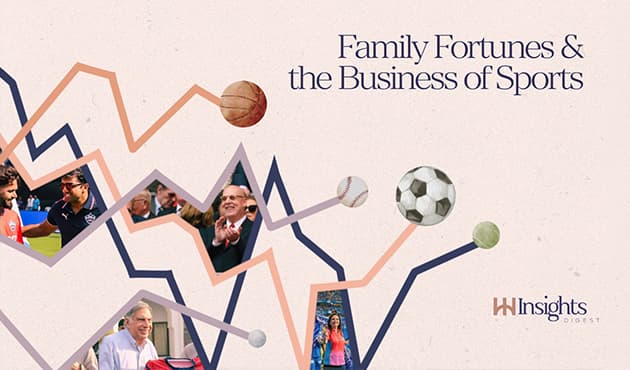 An image with photographs of sports investors and business leaders, sporting equipment, and intersecting financial graphs.