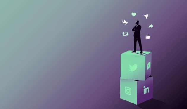 An illustration of an entrepreneur standing on top of stacked blocks, representing social media platforms, with engagement icons against a purple and mint-green background.