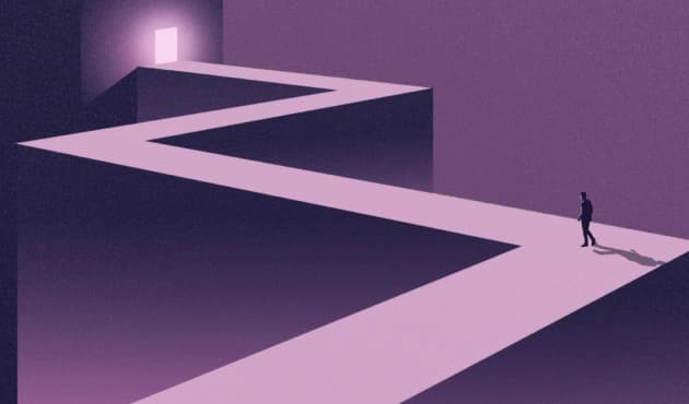 An illustration of a person walking along a winding, elevated pathway towards an illuminated doorway.